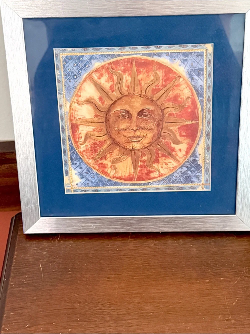Vintage 90’s Celestial Sun Wall Hanging Art Blue Matted Silver Framed Boho 9.5”